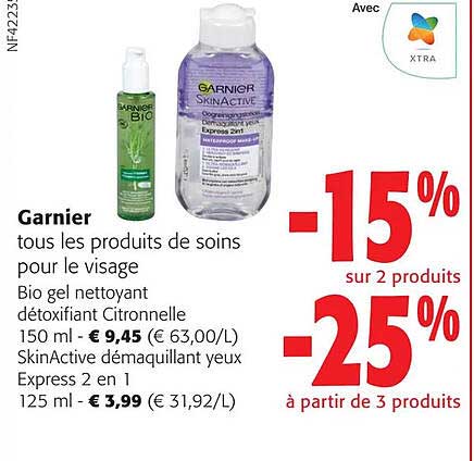 produits de soins pour le visage, bio gel nettoyant détoxifiant citronnelle, skinActive démaquillant yeux express 2 en 1 garnier