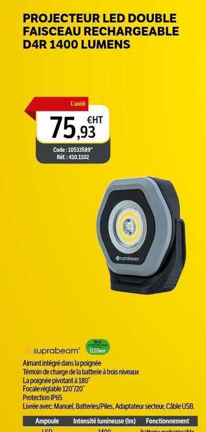 projecteur led double faisceau rechargeable d4r 1400 lumens suprabeam