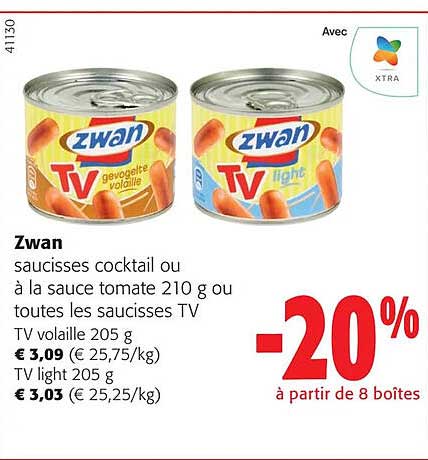 saucisses cocktail ou à la sauce tomate 210 g ou toutes les saucisses tv zwan