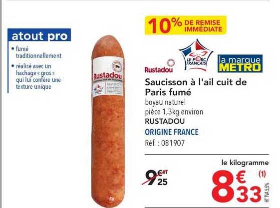 Saucisson à L'ail Cuit De Paris Fumé Rustadou