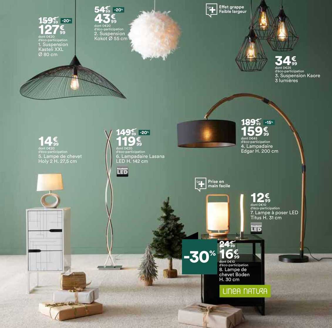 suspension kasteli xxl ø 80 cm, suspension kokot ø 55 cm, suspension kaore 3 lumières, lampe de chevet holy 2 h.27,5 cm, lampadaire lasana led h.142 cm, lampadaire edgar h. 200 cm, lampe à poser led