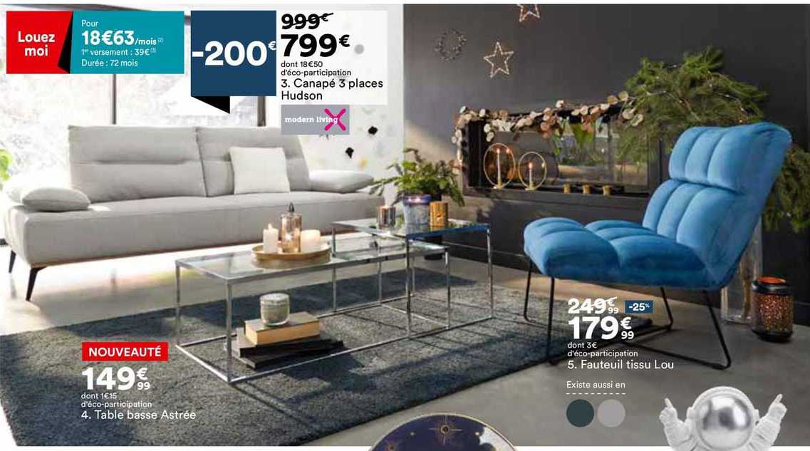 table basse astrée, canapé 3 places hudson modern living, fauteuil tissu lou