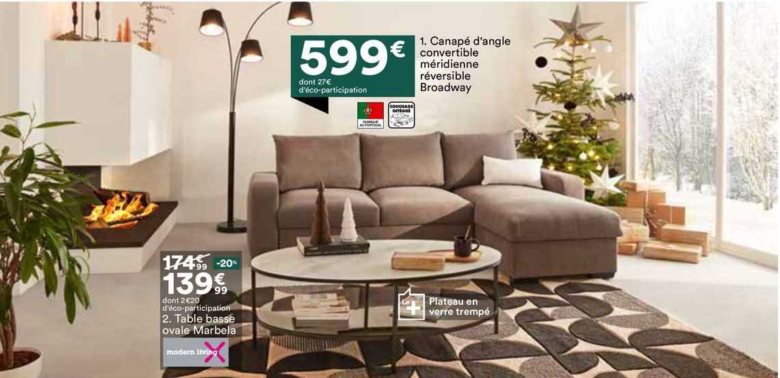 Table Basse Ovale Marbela Moder Living, Canapé D'angle Convertible Méridienne Réversible Broadway