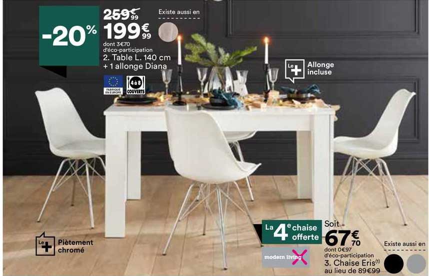 table l. 140 cm + 1 allonge diana, chaise eris modern living