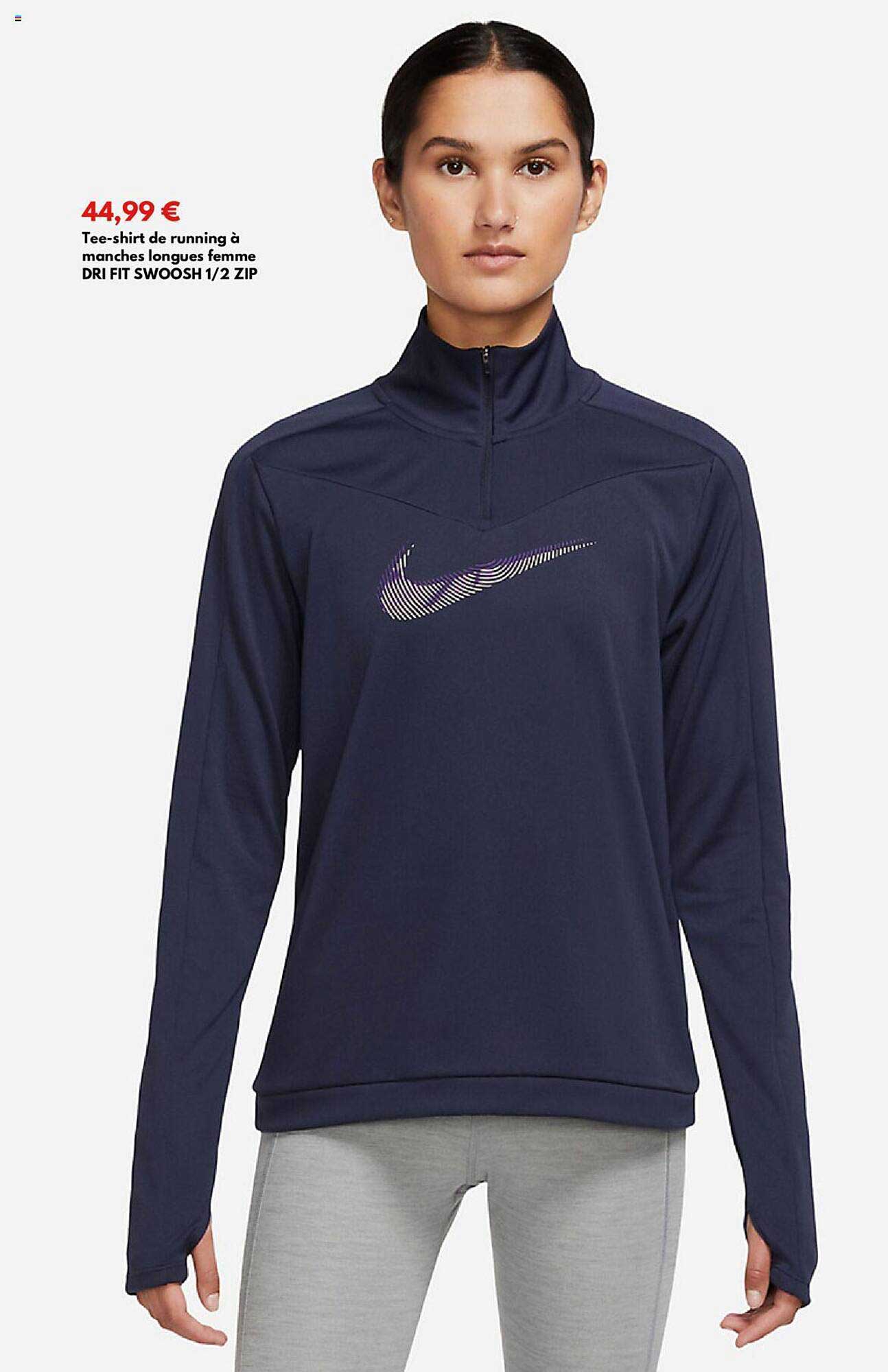 tee-shirt de running à manches longues femme dri fit swoosh 1/2 zip