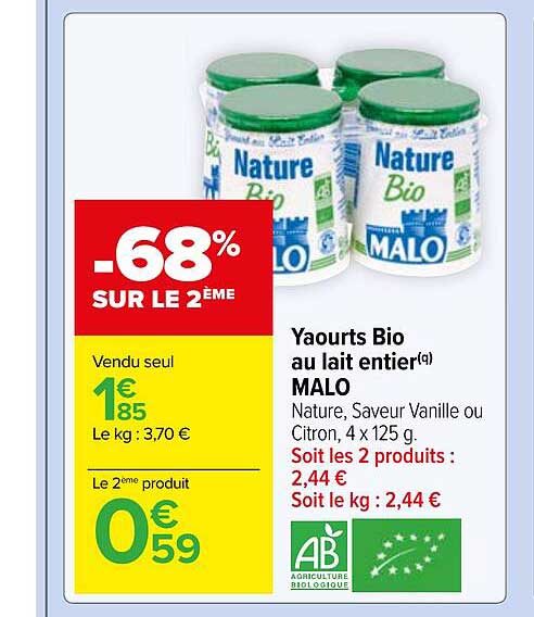 Yaourts Bio Au Lait Entier Malo