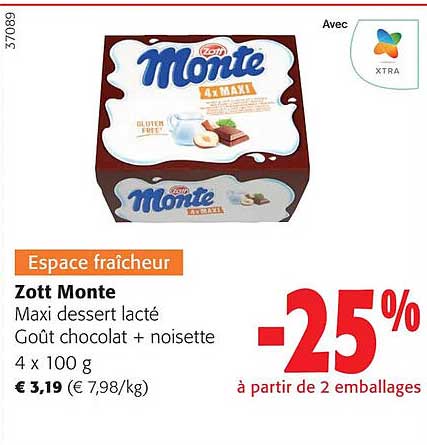 zott monte maxi dessert lacté goût chocolat + noisette
