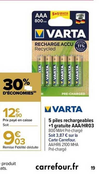 5 piles rechargeables + 1 gratuite aaa-hr03 varta