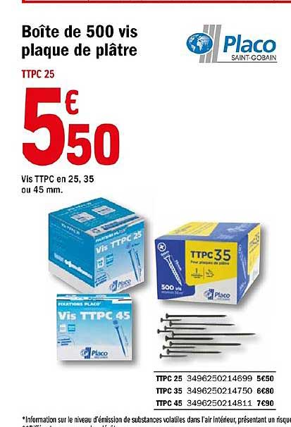 boîte de 500 vis plaque de  plâtre placo
