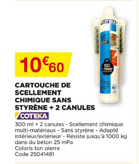 cartouche de scellement chimique sans styrène + 2 canules coteka