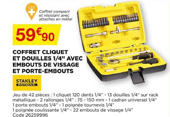 coffret cliquet et douilles 1-2" avec embouts de vissage et porte embouts
