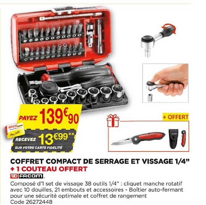 coffret compact de serrage et vissage 1-4" + 1 couteau offert facom