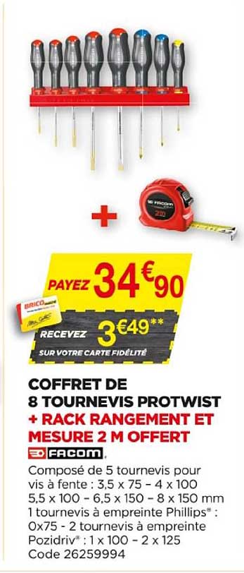 coffret de 8 tournevis protwist  + rack rangement et mesure 2 m offert facom