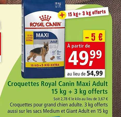 croquettes royal canin maxi adult 15 kg + 3 kg offerts