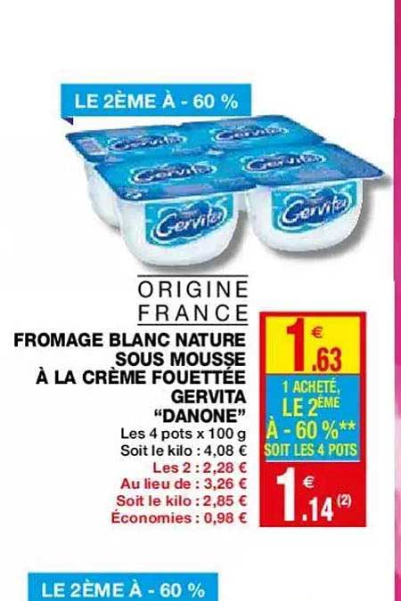 fromage blanc nature sous mousse à la crème fouettée gervita "danone"