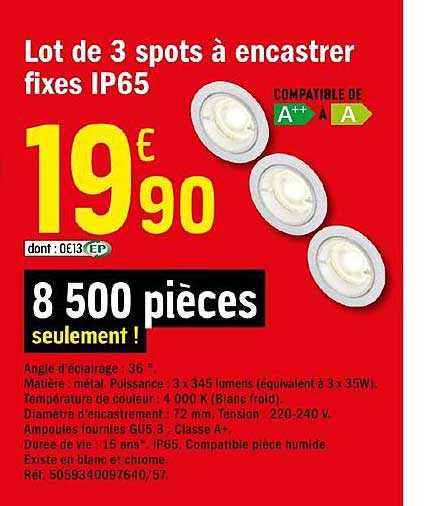 lot de 3 spots à encastrer fixes ip65