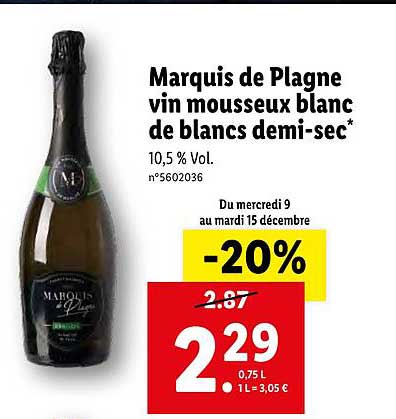 Marquis De Plagne Vin Mousseux Blanc De Blancs Demi Sec