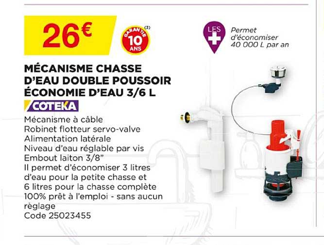 mécanisme chasse d'eau double poussoir économie d'eau 3-6l