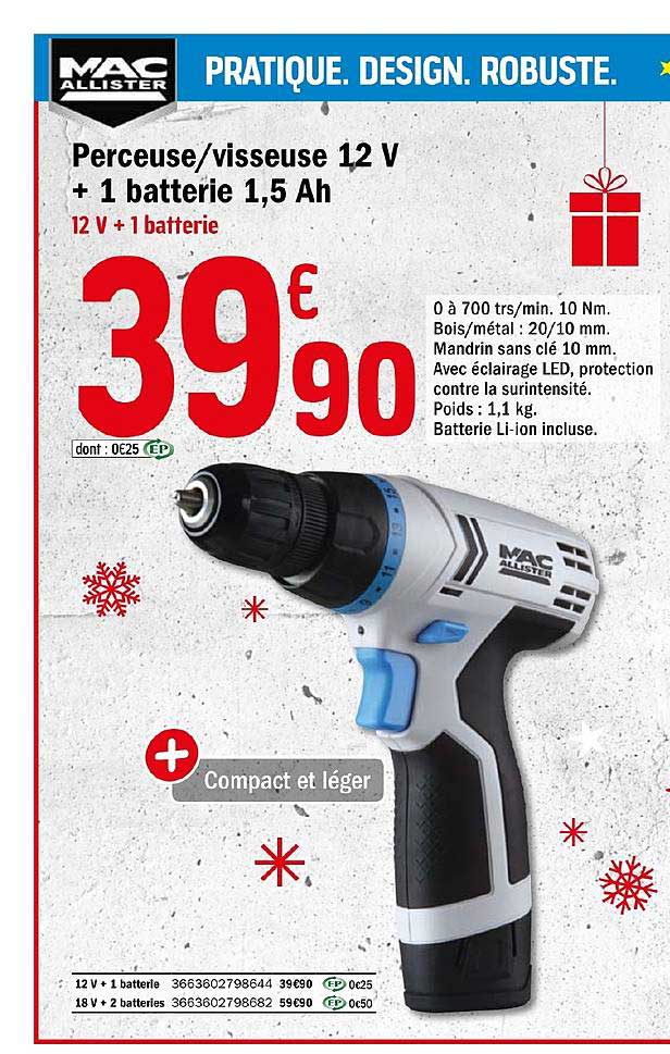 perceuse visseuse 12v + 1 batterie 1.5 ah mac allister