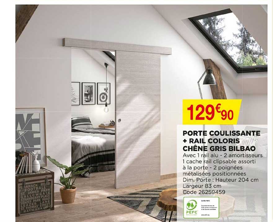 porte coulissante + rail coloris chêne gris bilbao