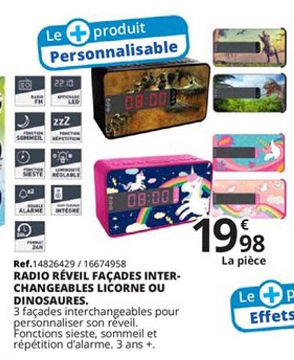 radio réveil façades inter-changeables licorne ou dinosaures