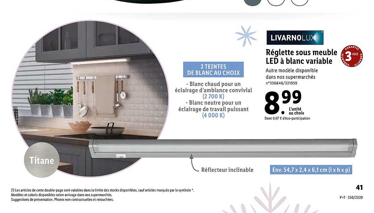 réglette sous meuble led à blanc variable livarnolux