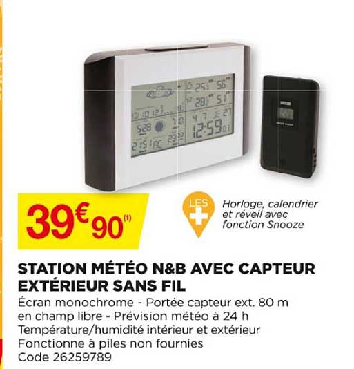 station météo n&b avec capteur extérieur sans fil