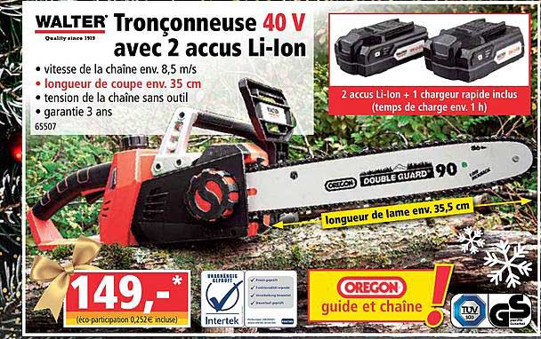 tronçonneuse 40v avec 2 accus li-ion walter