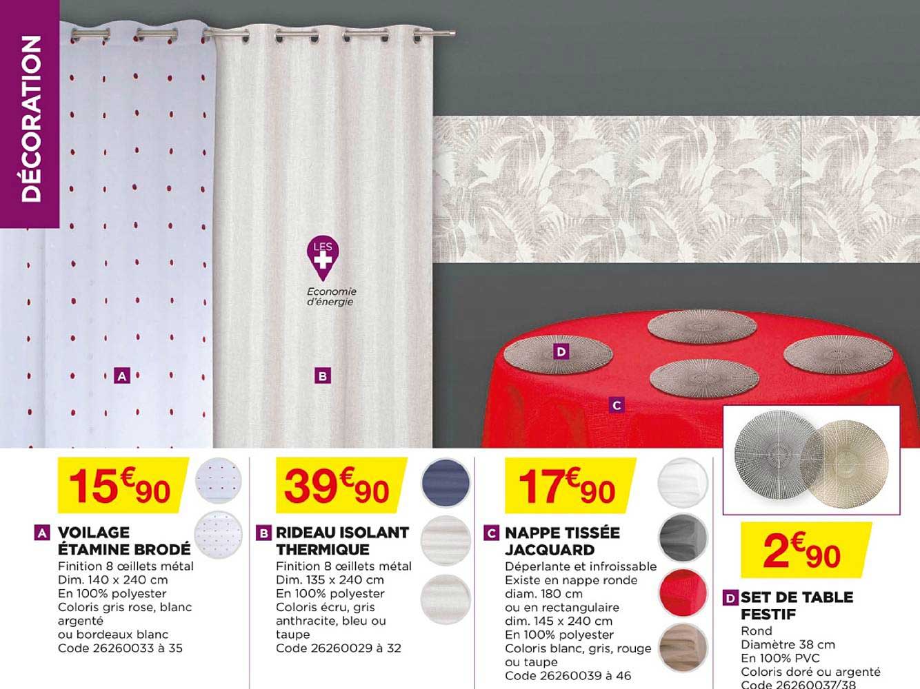 voilage étamine brodé, rideau isolant thermique, nappe tissée jacquard, set de table festif