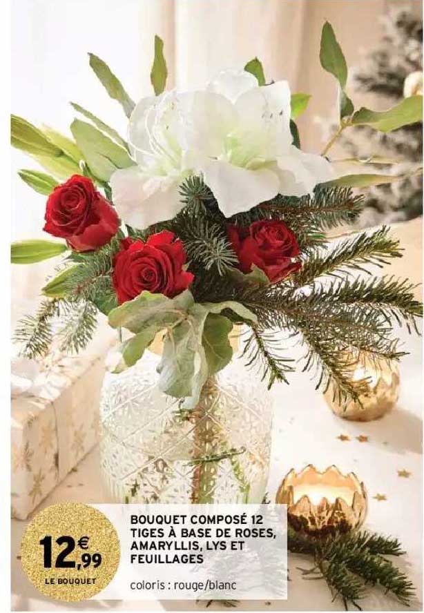 bouquet composé 12 tiges à base de roses, amaryllis, lys et feuillages