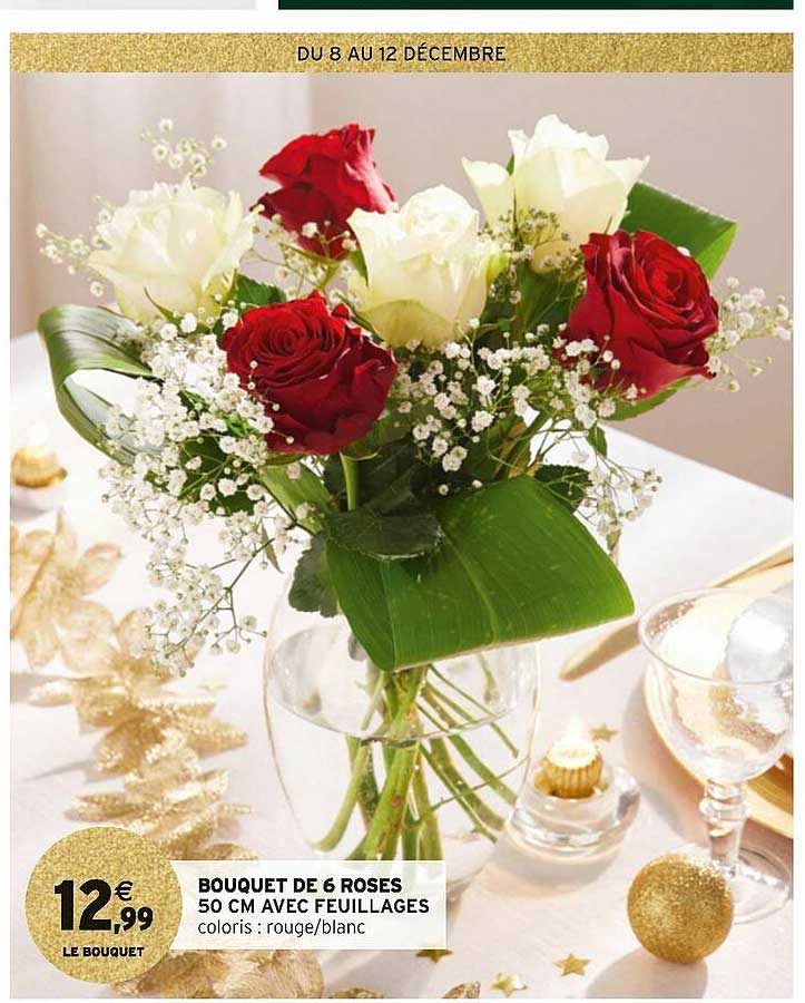 bouquet de 6 roses 50 cm avec feuillages