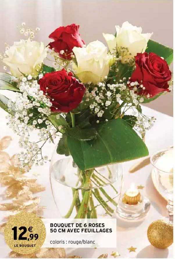 bouquet de 6 roses 50 cm avec feuillages