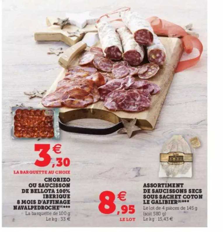 chorizo ou saucisson de bellota 100% ibérique 8 mois d'affinage navalpedroche, assortiment de saucissons secs sous sachet coton le galibier