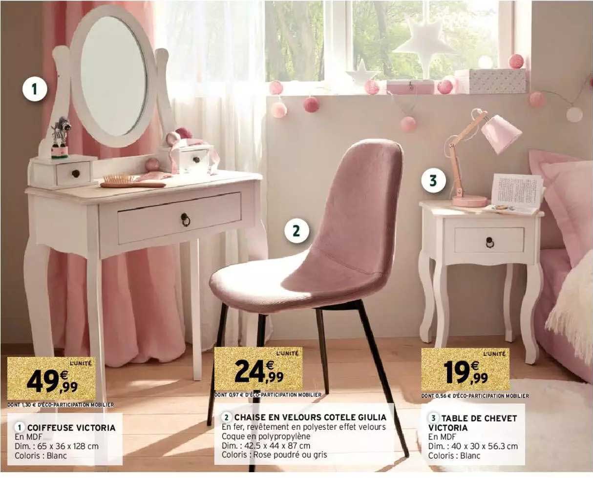 coiffeuse victoria, chaise en velours côtelé giulia, table de chevet victoria