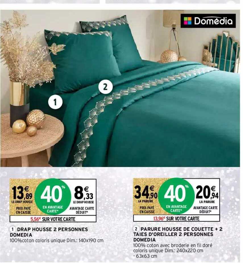 drap housse 2 personnes, domédia, parure housse de couette + 2 taies d'oreiller 2 personnes domédia