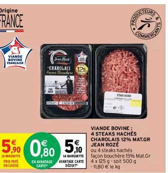 viande bovine : 4 steaks hachés charolais 12% mat. gr. jean rozé