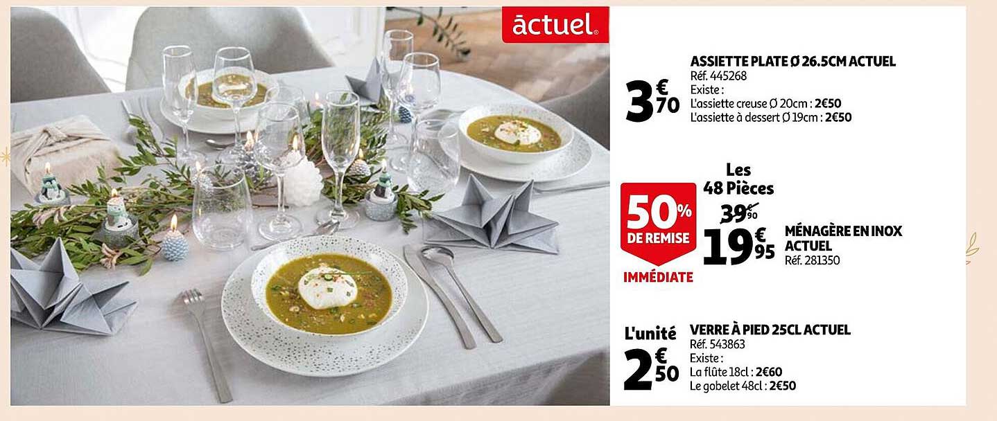 assiette plate ø 26.5 cm actuel, ménagère en inox actuel, verre à pied 25cl actuel