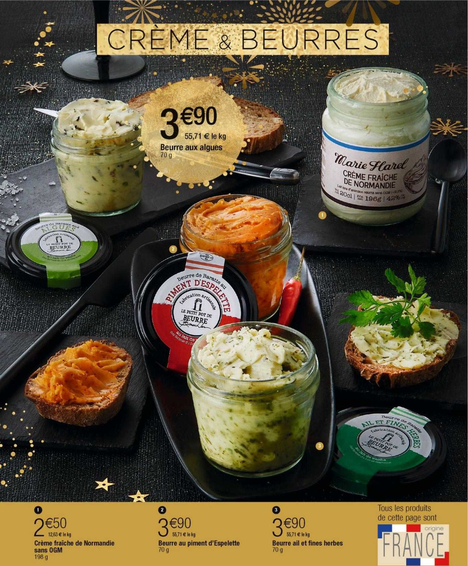 beurre aux algues, crème fraîche de normandie sans ogm, beurre au piment d'espelette, beurre ail et fines herbes