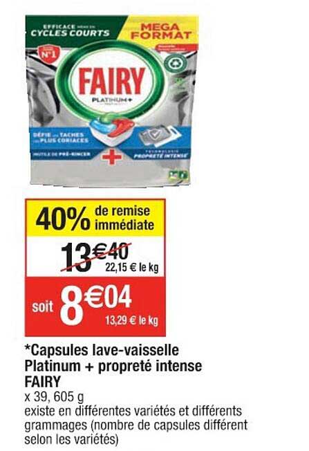 capsules lave-vaisselle platinum + propreté intense fairy