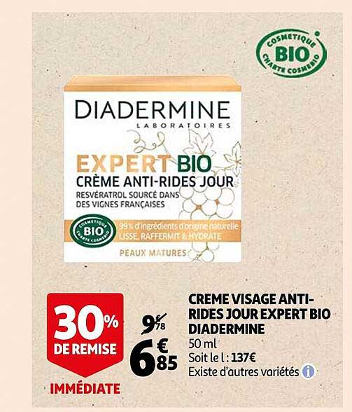 crème visage anti-rides jour expert bio diadermine