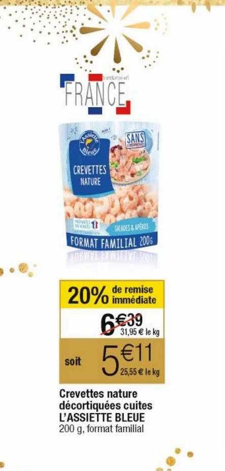 crevette nature décortiquées cuites l'assiette bleue