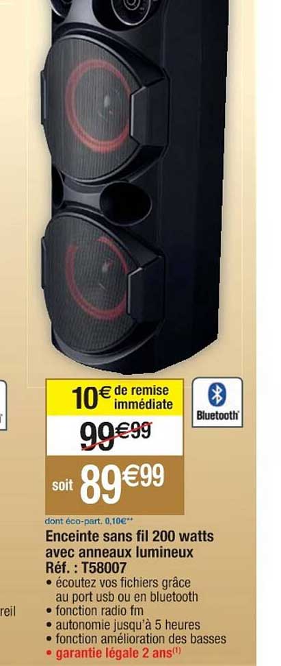 enceinte sans fil 200 watts avec anneaux lumineux