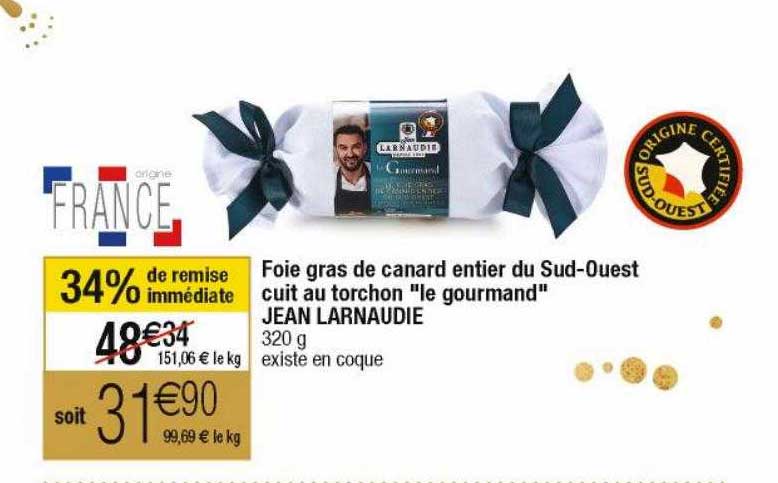foie gras de canard entier du sud-ouest cuit au torchon "le gourmand" jean larnaudie