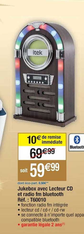 jukebox avec lecteur cd et radio fm bluetooth itek