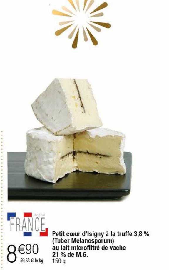 petit cœur d'isigny à la truffe 3,8% (tuber melanosporum) au lait microfiltré de vache 21% de m.g.