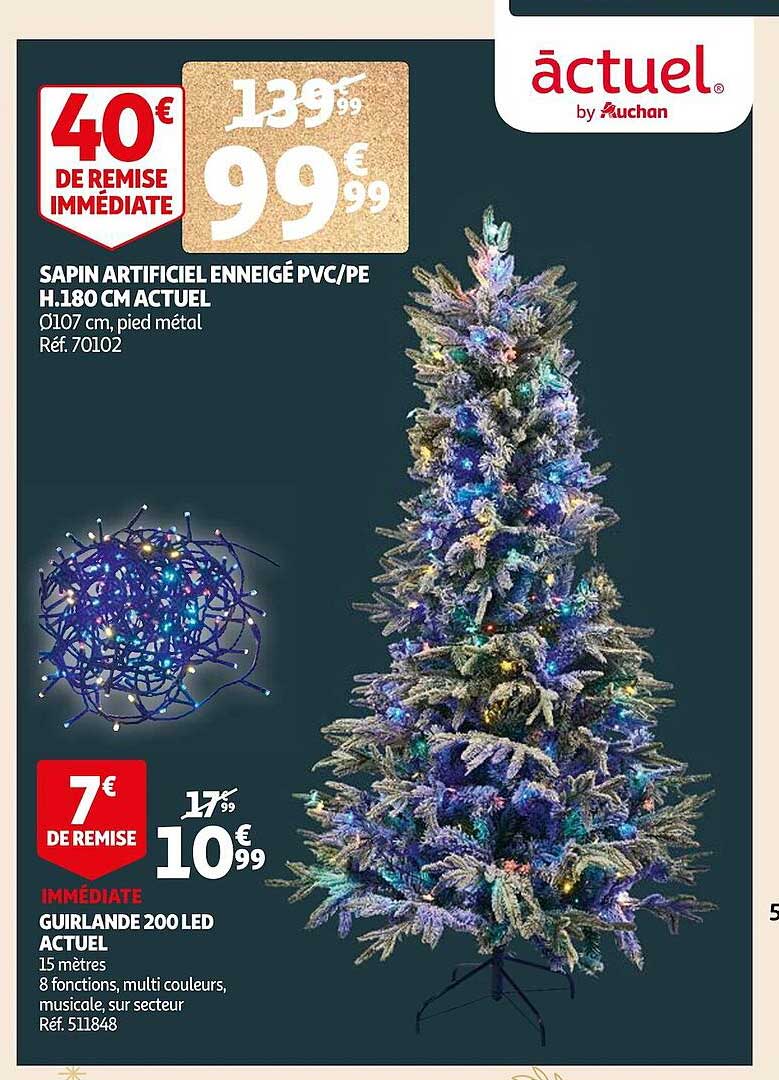 sapin artificiel enneigé pvc-pe h.180 cm actuel, guirlande 200 led actuel