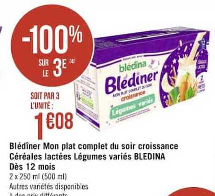 blédîner mon plat complet du soir croissance céréales lactées légumes variés blédina dès 12 mois