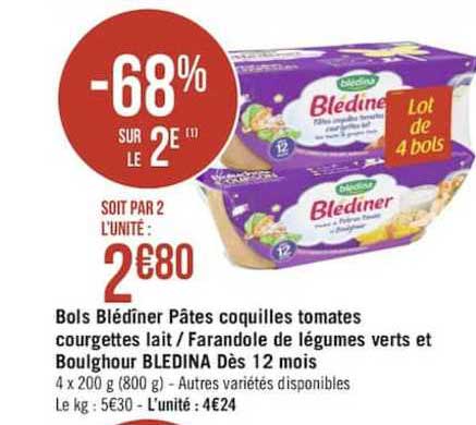 Bols Blédîner Pâtes Coquilles Tomates Courgettes Lait - Farandole De Légumes Vests Et Boulghour Blédina Dès 12 Mois