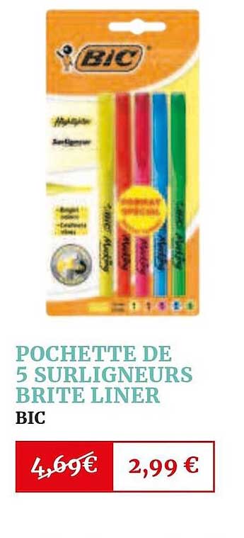 pochette de 5 surligneurs brite liner bic