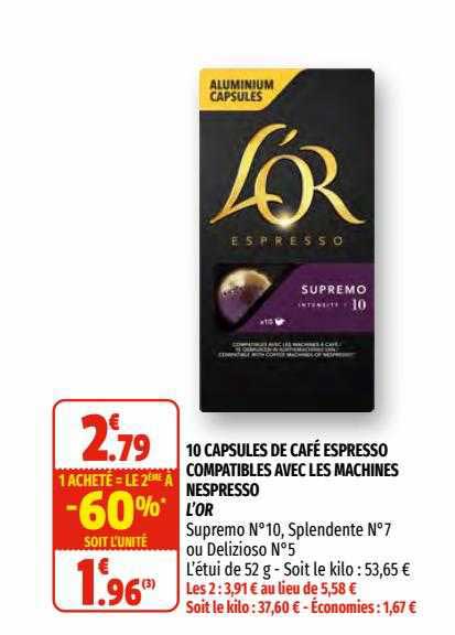 10 capsules de café espresso compatibles avec les machines nespresso